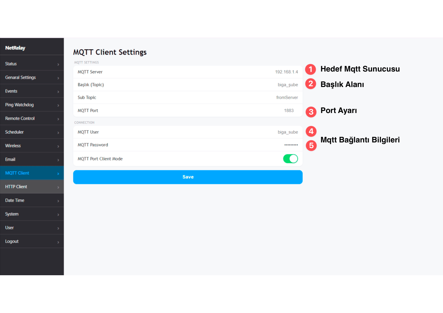 NetRelay MQTT istemci ayarları